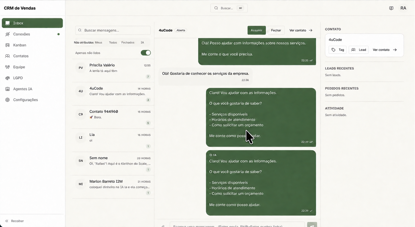 Painel CRM de Vendas com lista de contatos e exemplo de atendimento por IA